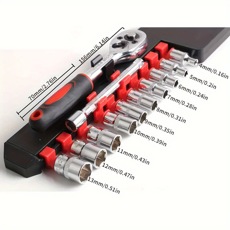 12-Piece 1/4-Inch Ratchet Socket Wrench Set with 10 Sockets Extension Bar