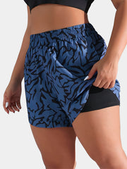 Women's Plus Size Printed Shorts with Pockets, High Stretch Fabric, Blue Abstract