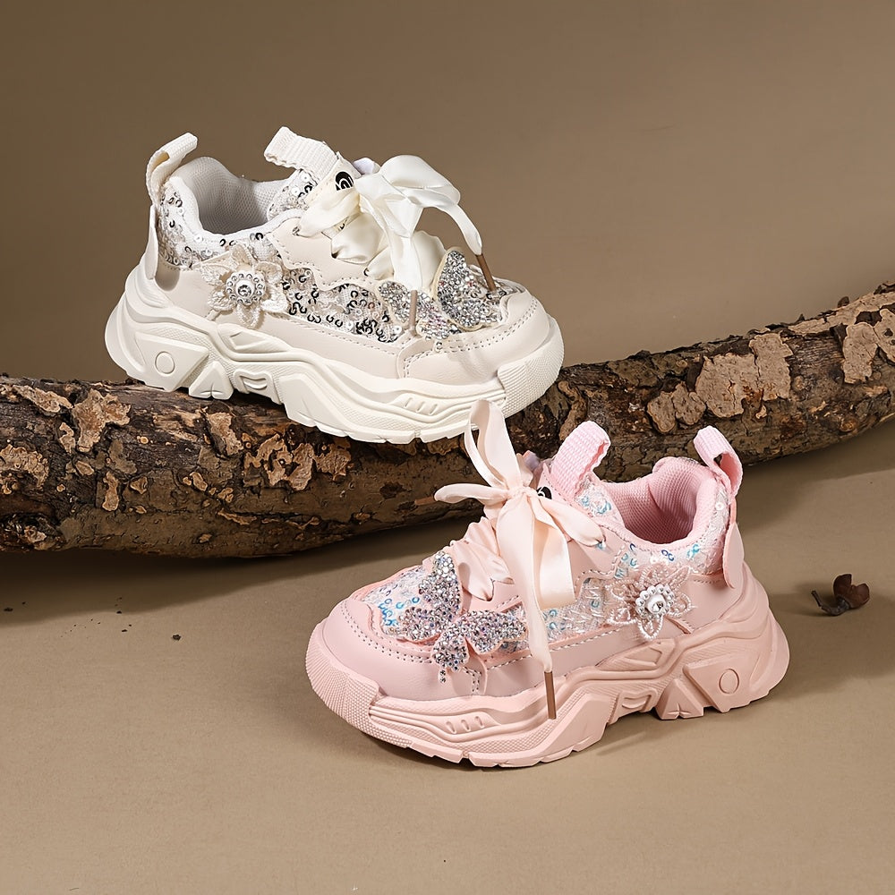 Girls' Casual Sneakers with Rhinestones and Butterfly Bow Lightweight Soft for Spring and Fall