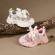 Girls' Casual Sneakers with Rhinestones and Butterfly Bow Lightweight Soft for Spring and Fall