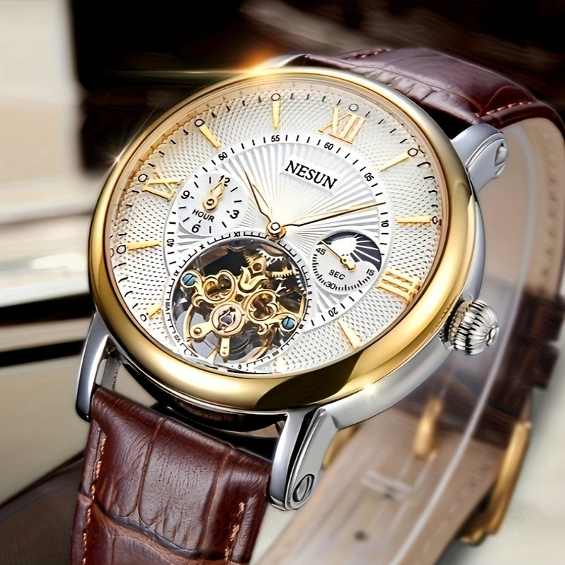 Men's Mechanical Watch Luminous Hollow Business Stainless Steel Leather Strap