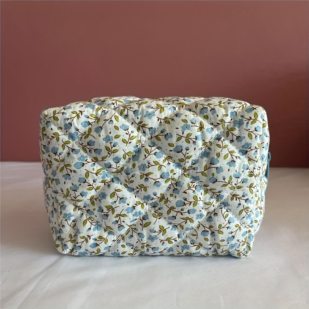 Unisex Floral Quilted Cosmetic Bag Water-Resistant Large Capacity Makeup Skincare Organizer