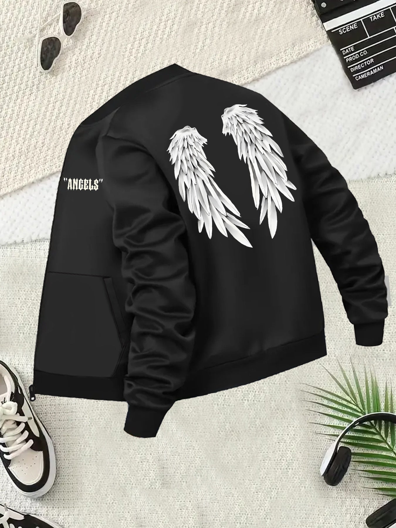 Plus Size Women's Casual Baseball Collar Jacket with Angel Wing Print Black White Contrast