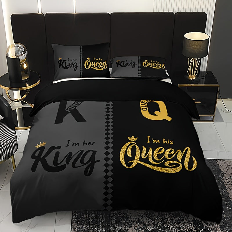 Black and Grey Duvet Cover Set with Crown Lettering Design Includes 1 Duvet Cover and 2 Pillowcases