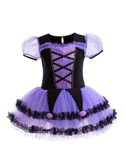 Vestido mini de corte y vuelo con estampado floral para niñas, con falda de tul y lentejuelas, para uso casual y de fiesta