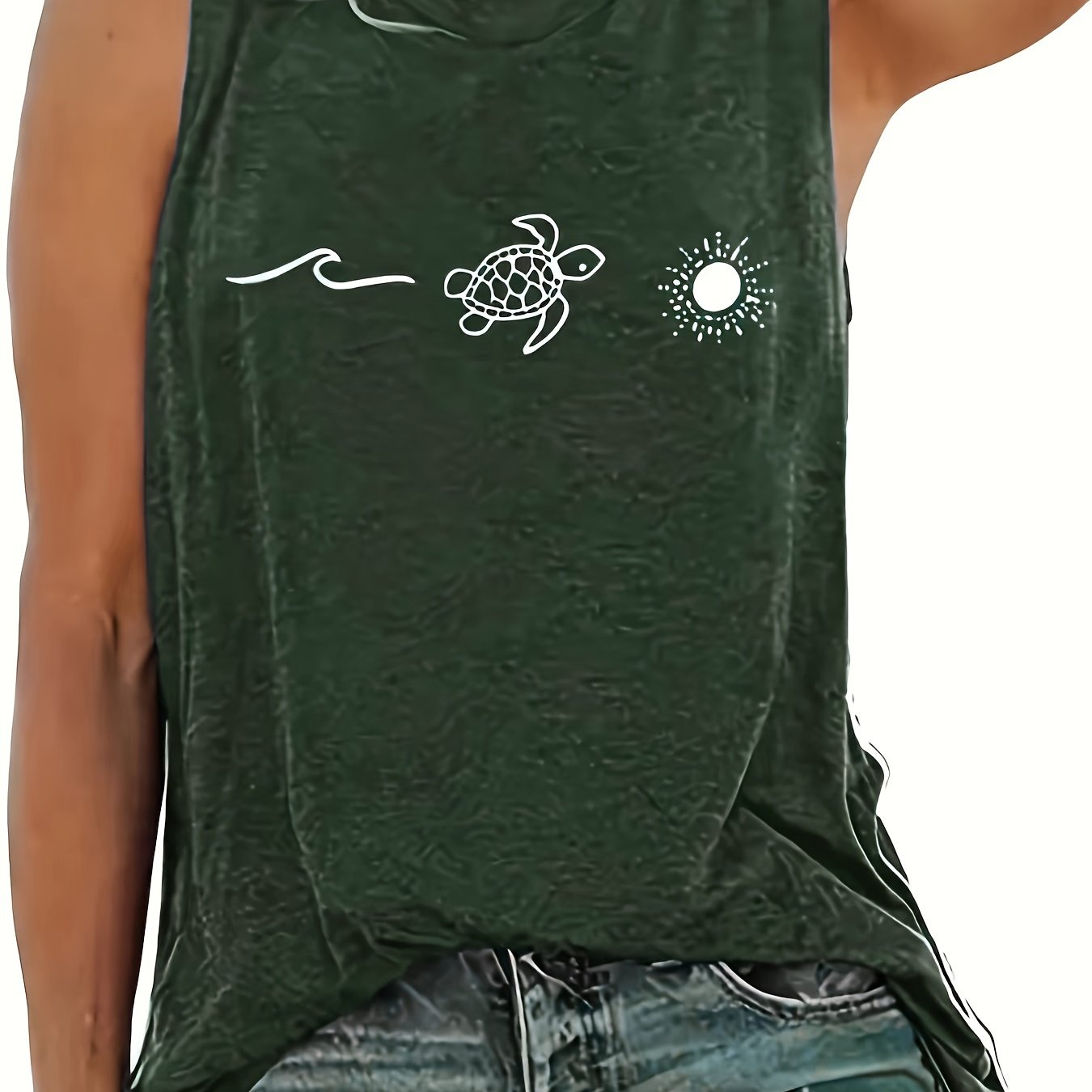 Plus Size Women's Cotton Turtle Neck Sun Print Tank Top