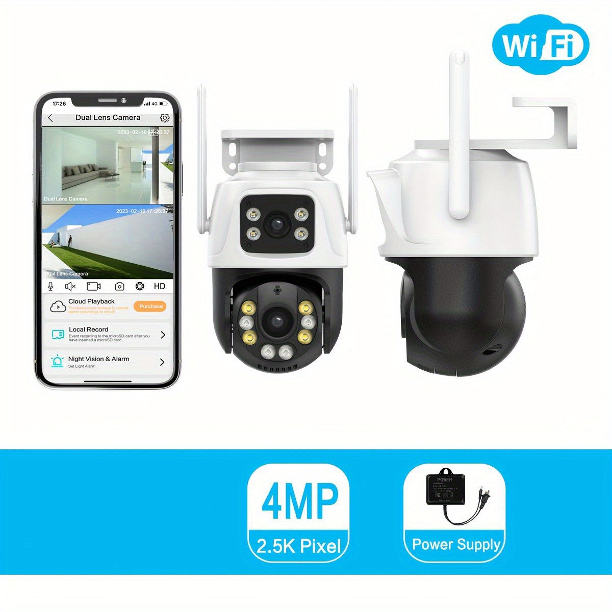 4K Dual-Lens WiFi Security Camera with Night Vision Motion Detection and Two-Way Audio