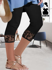 Women's Plus Size Floral Lace Trim Capris Cropped Leggings Summer Tights