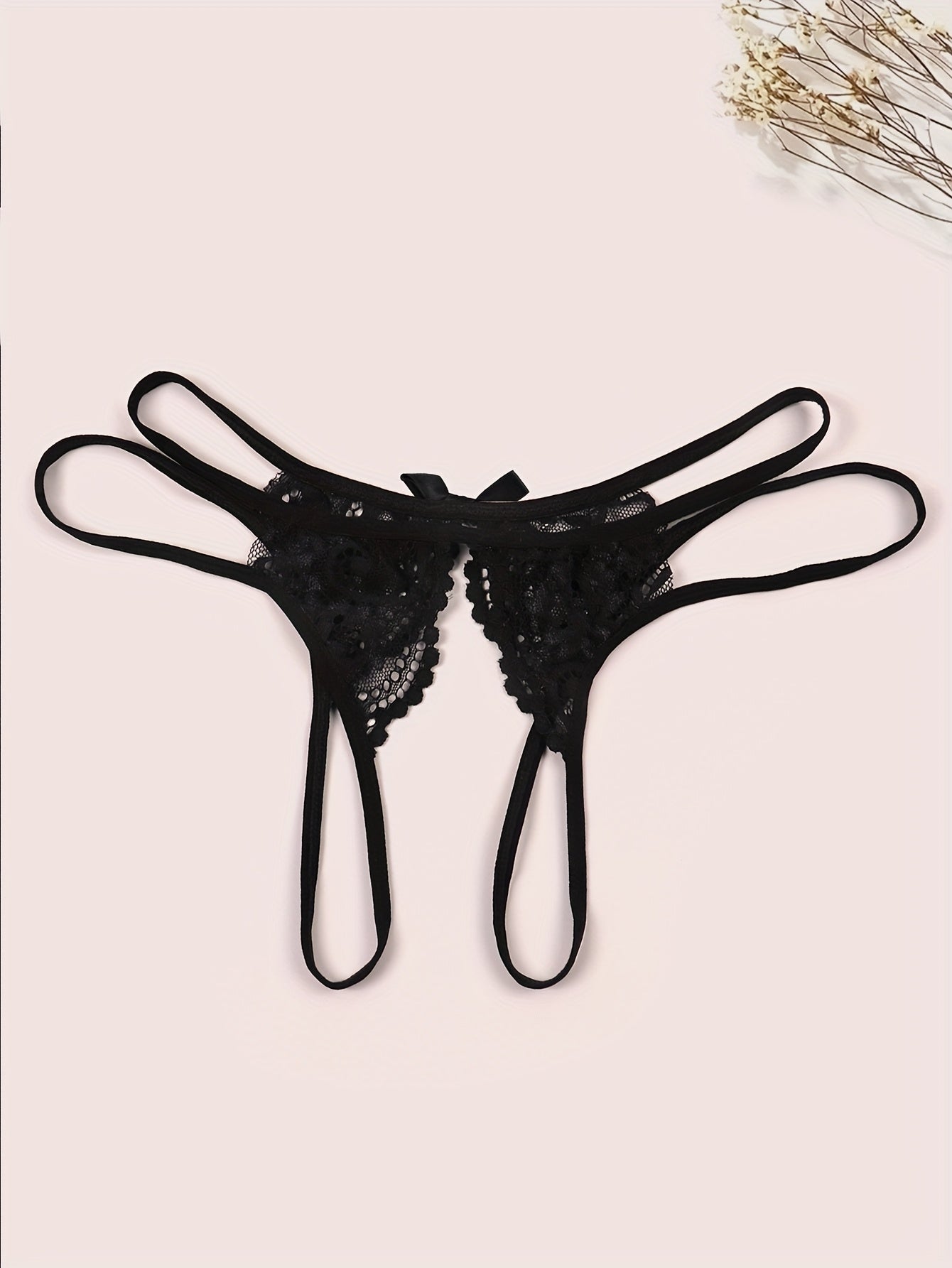 Women's Velvet Thong Lingerie with Open Legs and Bow Detail
