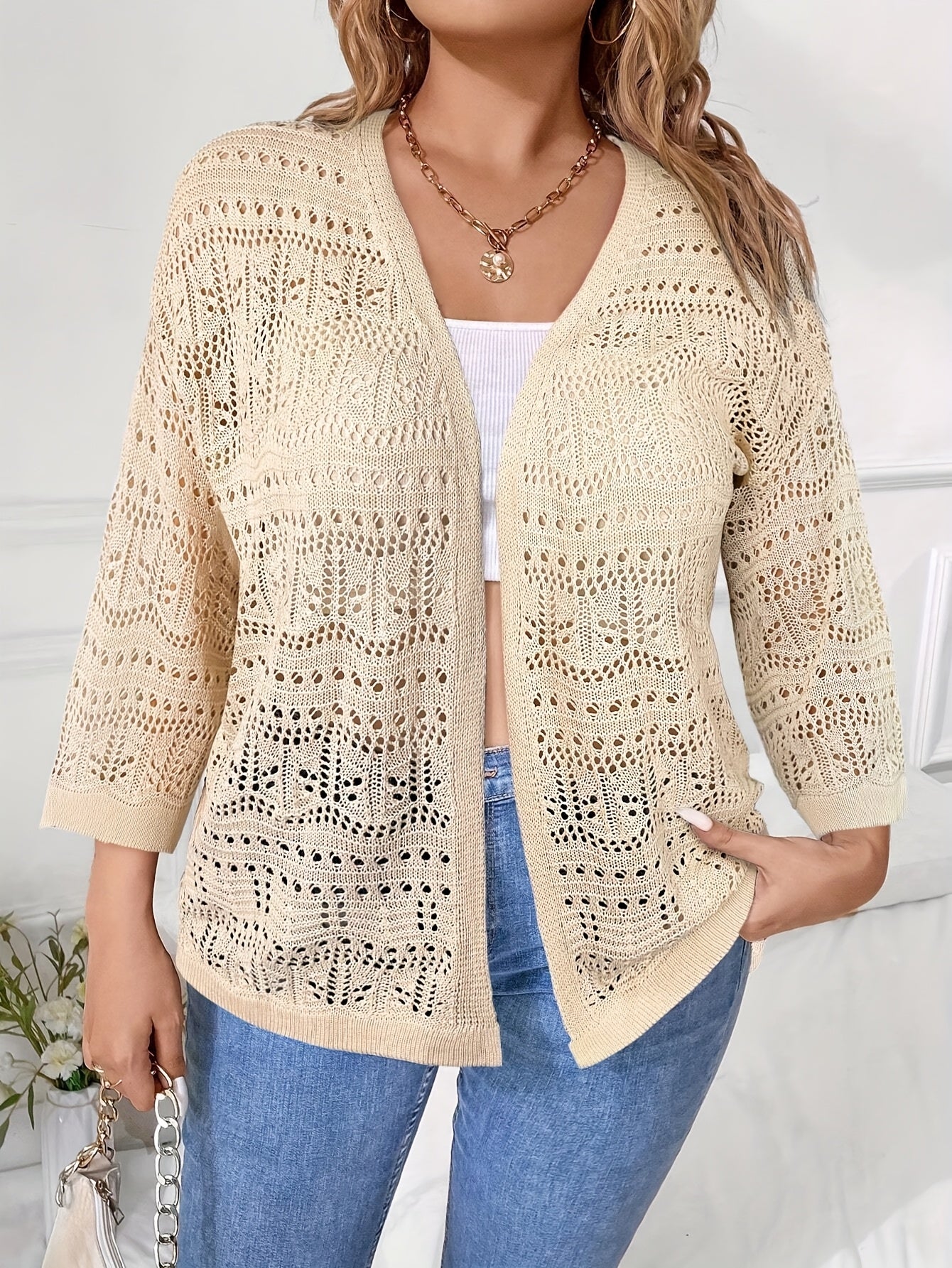 Plus Size Women's Lace Cardigan Open Front Beach Cover-Up Light Spring Summer