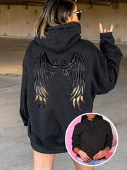 Plus Size Wings Print Drawstring Hoodie Casual Long Sleeve Winter Women