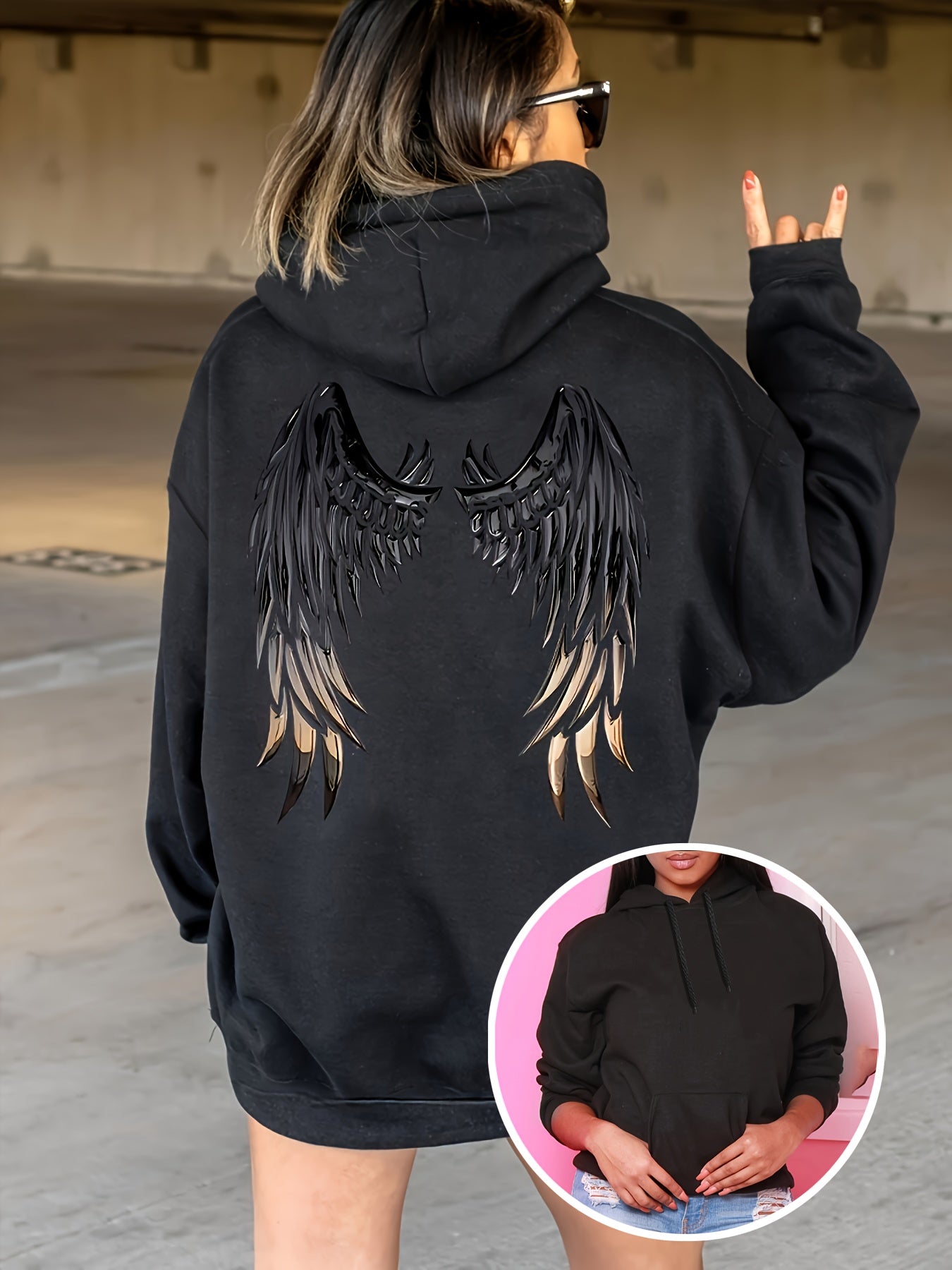 Plus Size Wings Print Drawstring Hoodie Casual Long Sleeve Winter Women