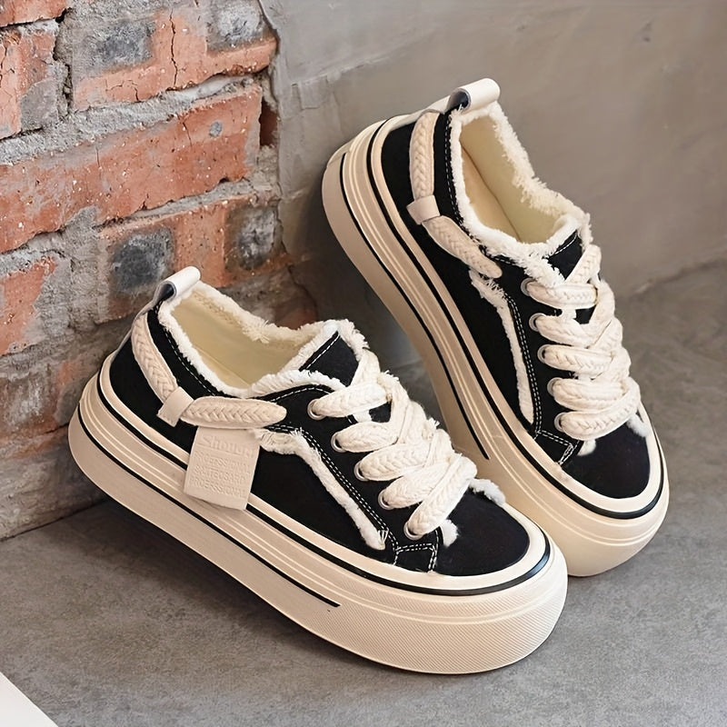 Women's Chunky Sneakers Black White All-Season Casual Shoes with Thick Sole