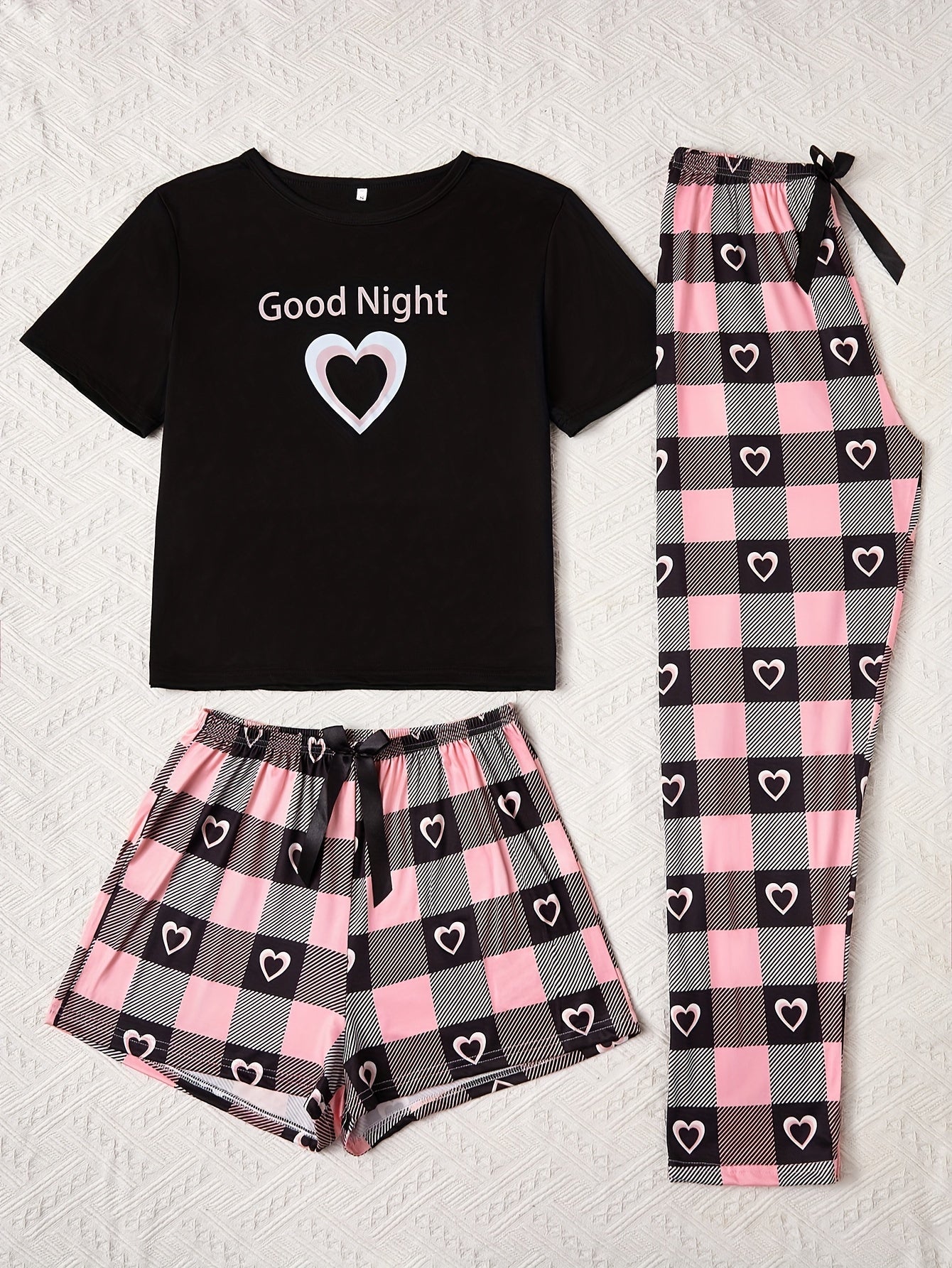 Adult Romantic Love Print Pajama Set with Short Sleeve Top Plaid Shorts and Long Pants