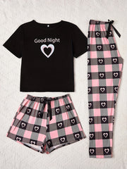 Adult Romantic Love Print Pajama Set with Short Sleeve Top Plaid Shorts and Long Pants