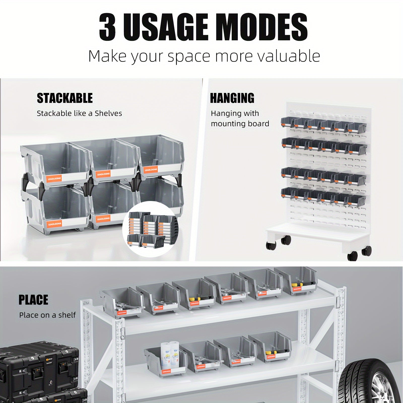 Set of 6 Gray Plastic Storage Bins for Garage Tools and Car Accessories 13.5x10.5x7.6cm