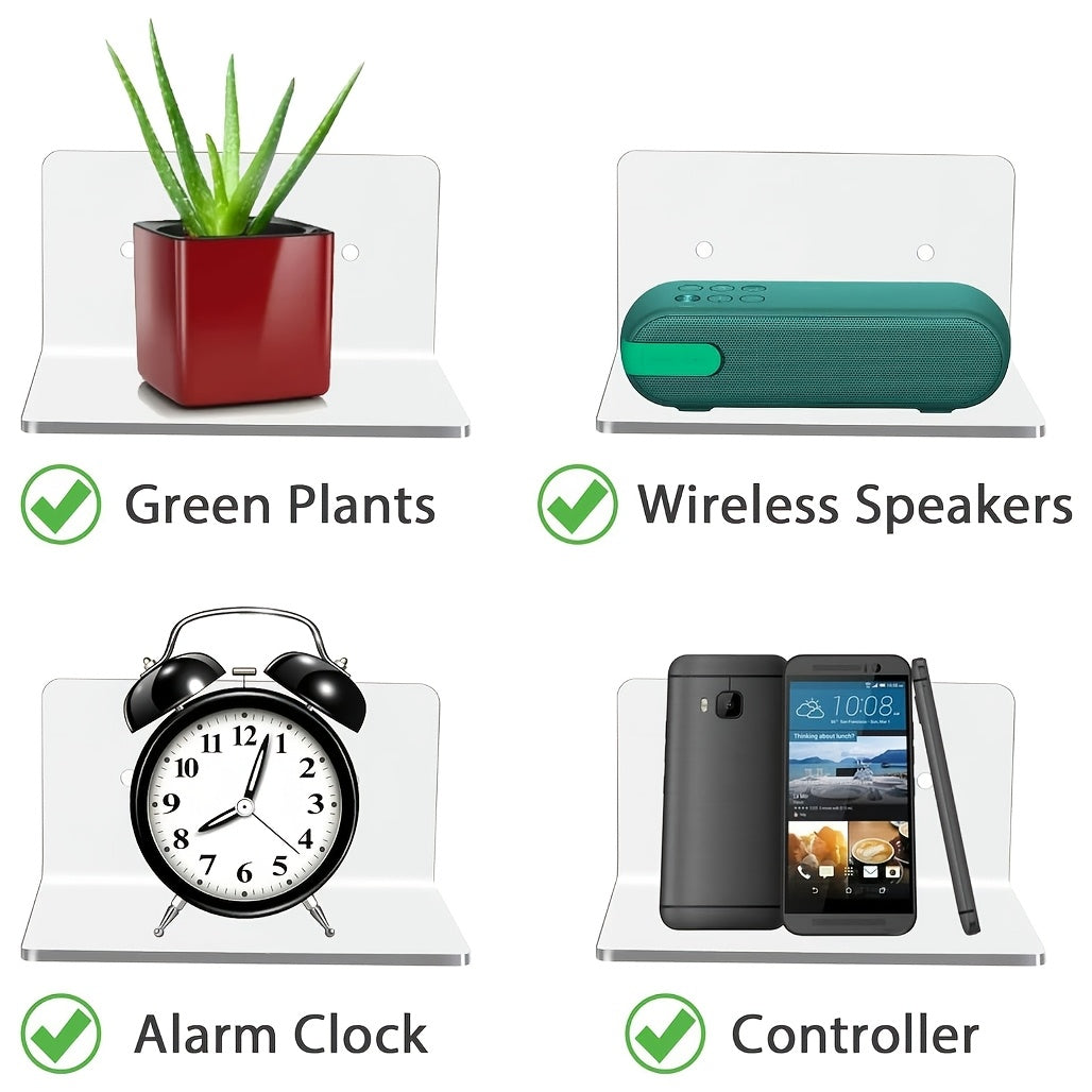 3 ta kichik akril suzuvchi javonlar to'plami, devorga osish uchun ideal, o'simliklar va o'yinchoqlar, rasm ko'rsatish uchun yopishtiruvchi bilan yotoqxona bezak javoni