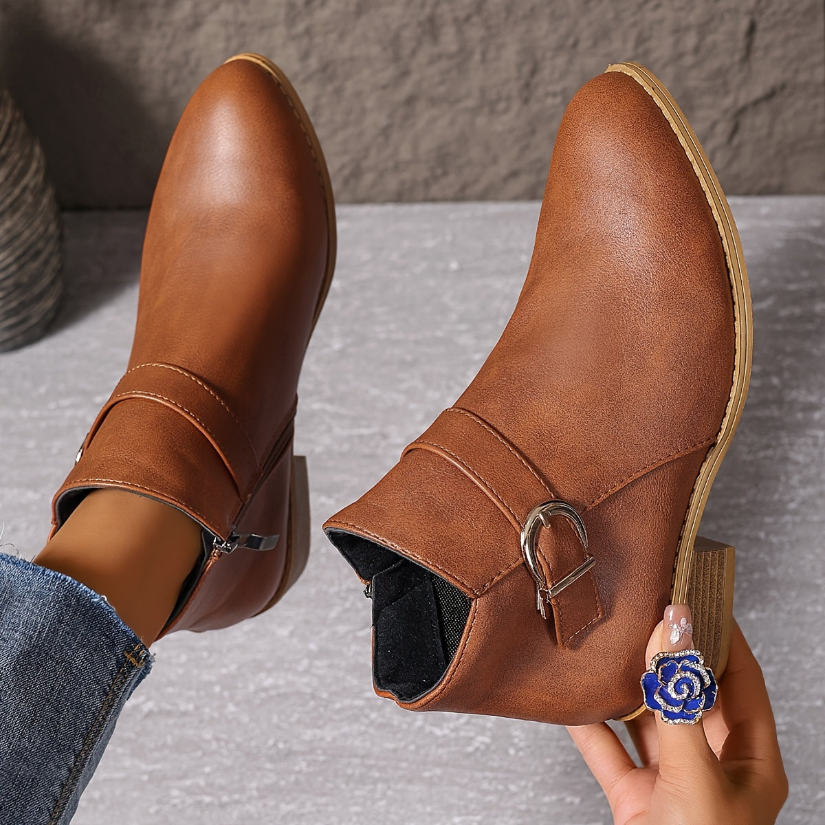 Women's Ankle Boots Faux Leather Slip-On Chunky Heel Non-Slip Brown