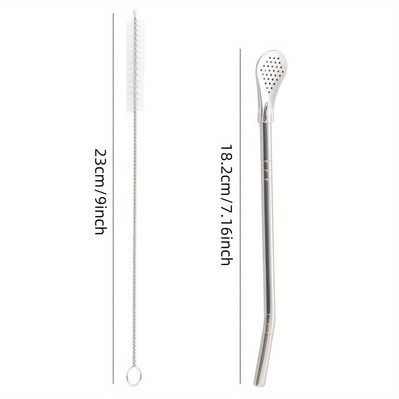 Set of 3 Stainless Steel Straws with Spoons, Cleaning Brush, and Filter
