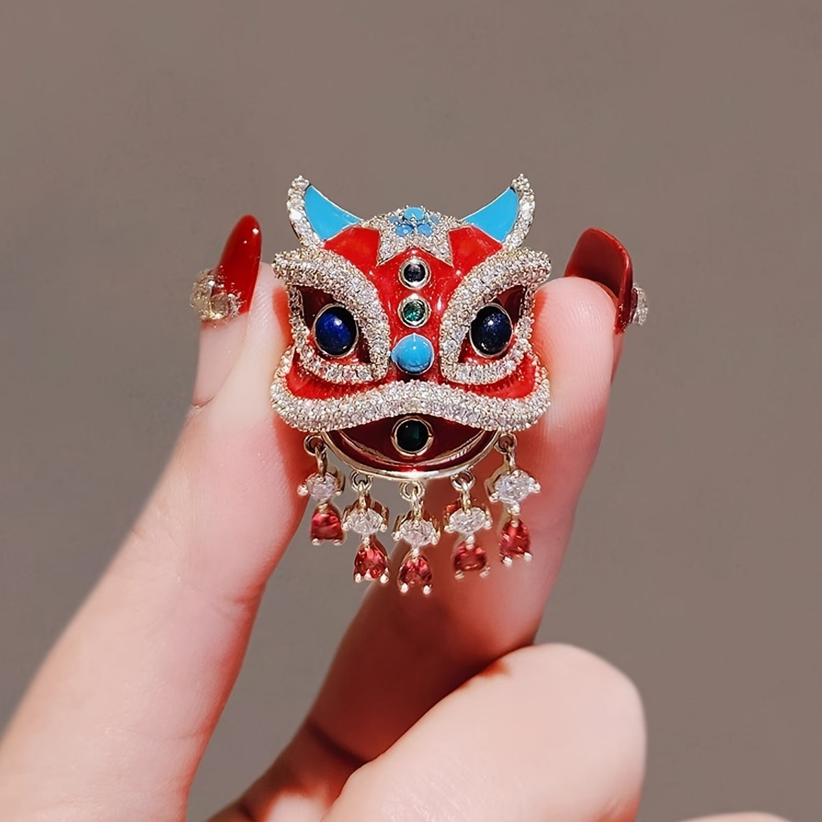Red Lion Brooch Pin with Crystal Accents for Women Cultural Festival Accessory