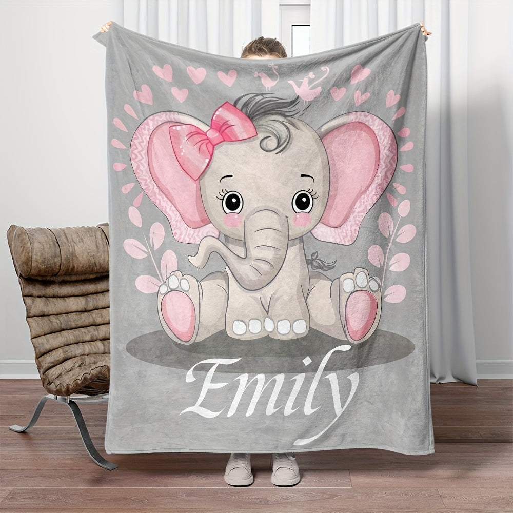 Personalized Elephant Flannel Throw Blanket with Custom Name Cozy All-Season Bed Couch Travel