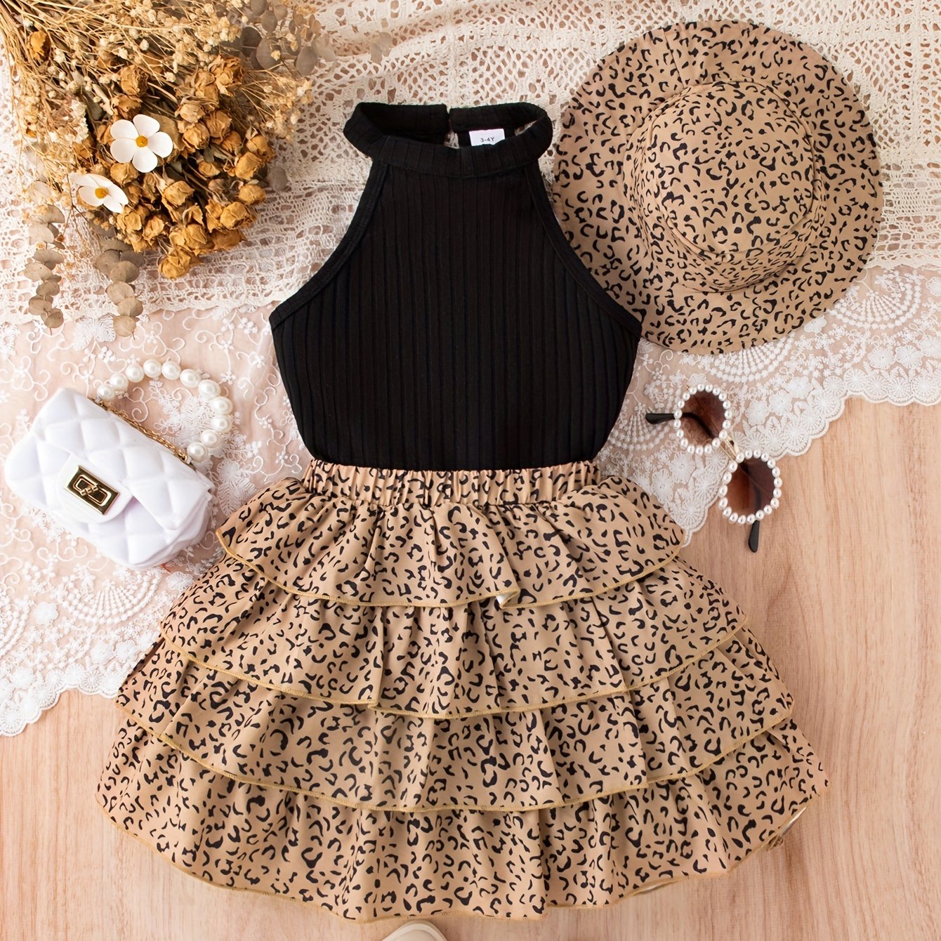Girls Summer Outfit Set with Leopard Print Bandeau Top Tiered Skirt and Hat for Kids