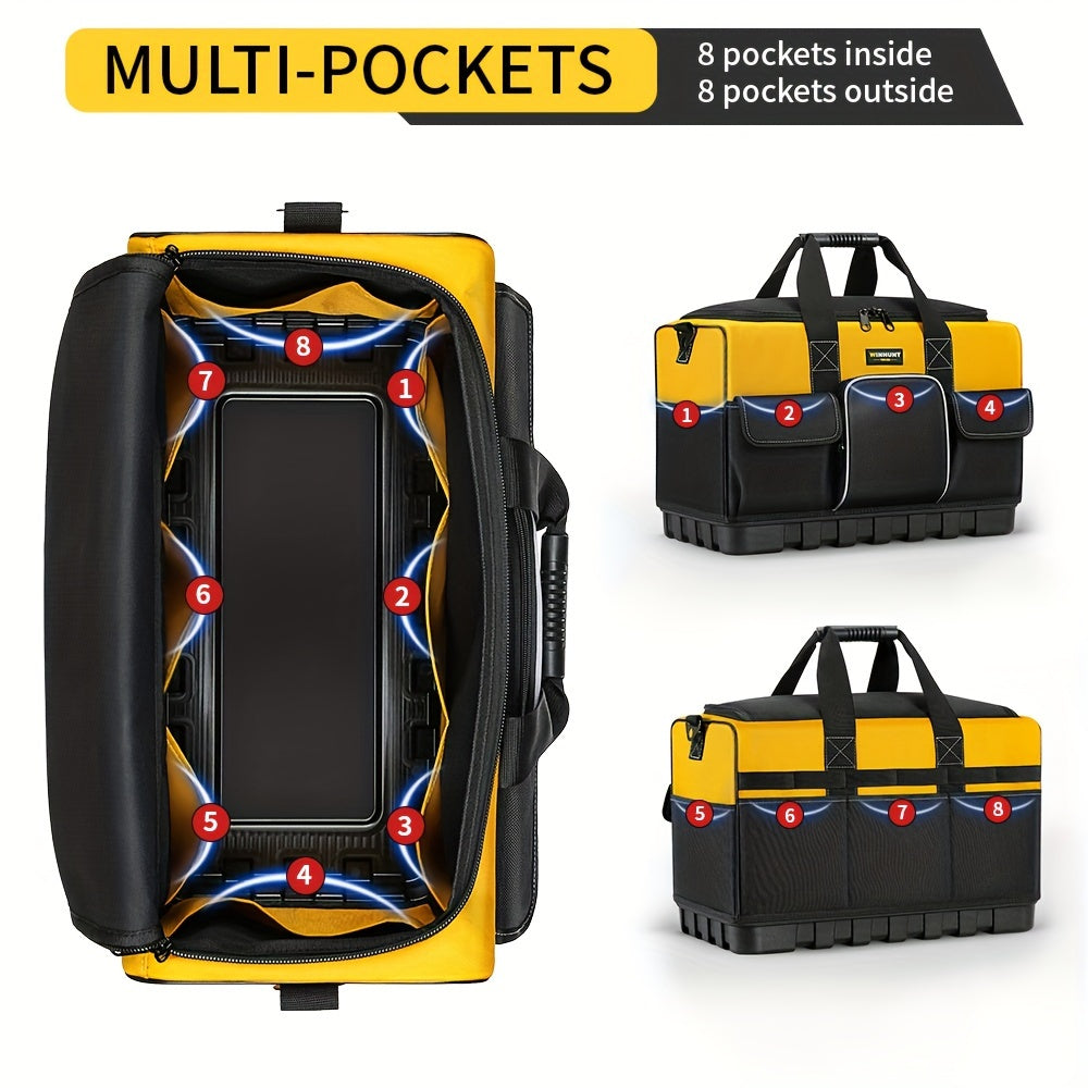 Large Waterproof Heavy Duty Tool Bag with Molded Base Polyester Black Yellow Adjustable Shoulder Strap