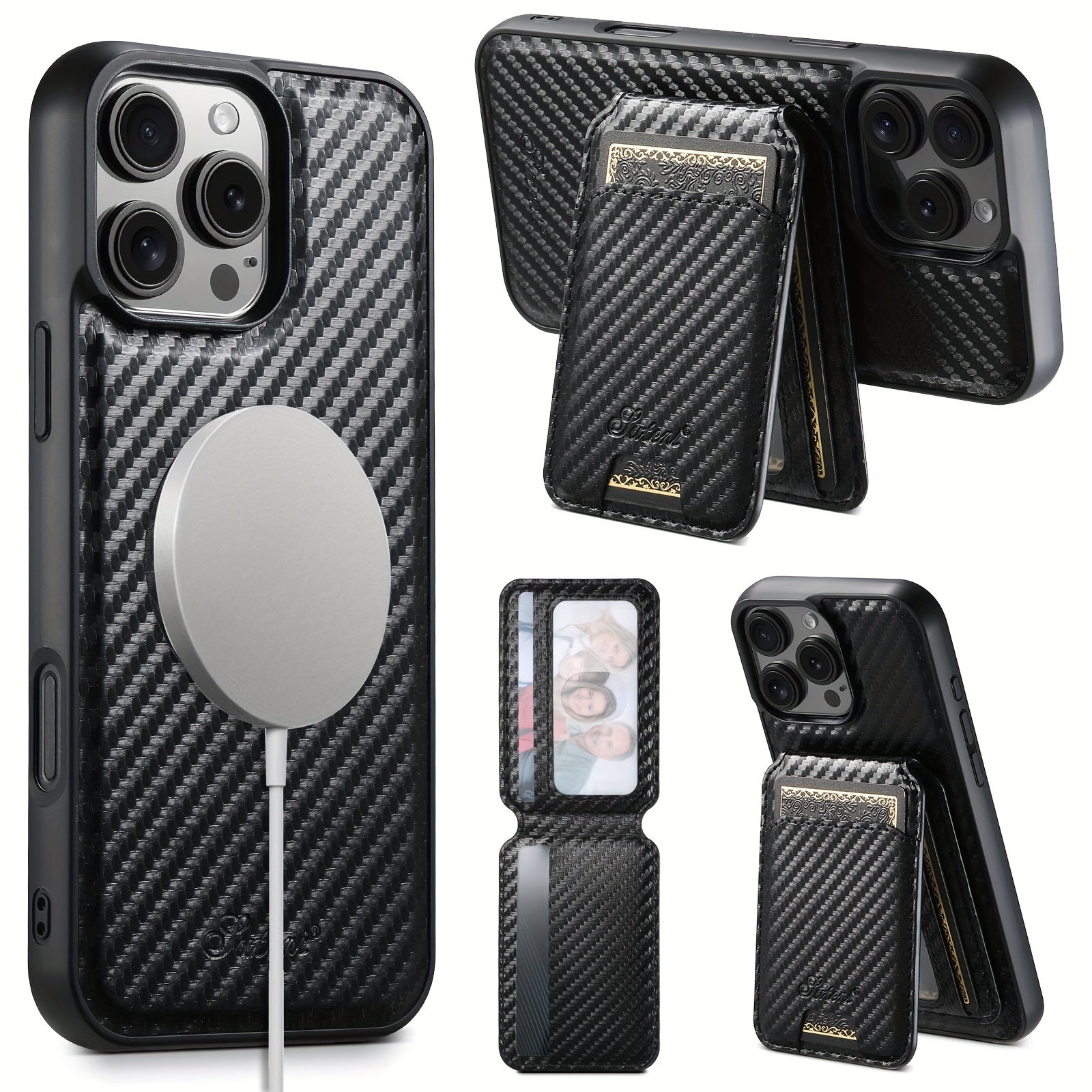 Falso cuero de fibra de carbono negra 2 en 1 con funda para teléfono desmontable para iPhone con tarjetero magnético y carga inalámbrica