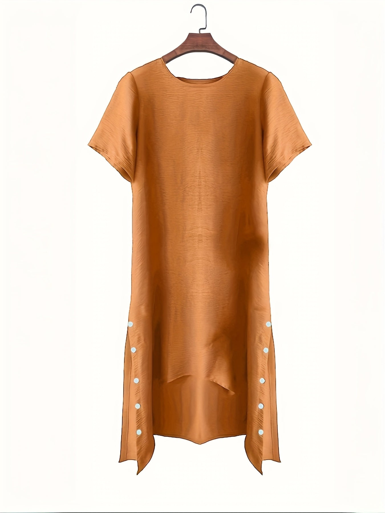 Women's Casual Vacation Top with Irregular Hem Button Accents and Color Block