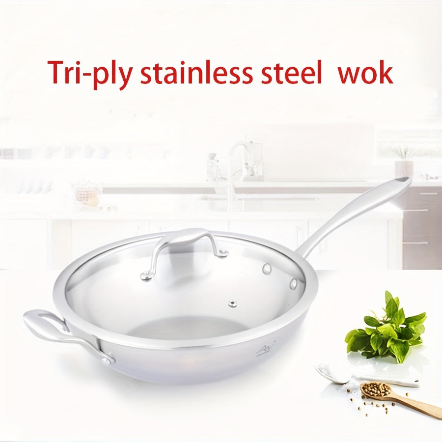 Premium Tri-Ply Stainless Steel Wok with Glass Lid for Gas and Induction Cooking