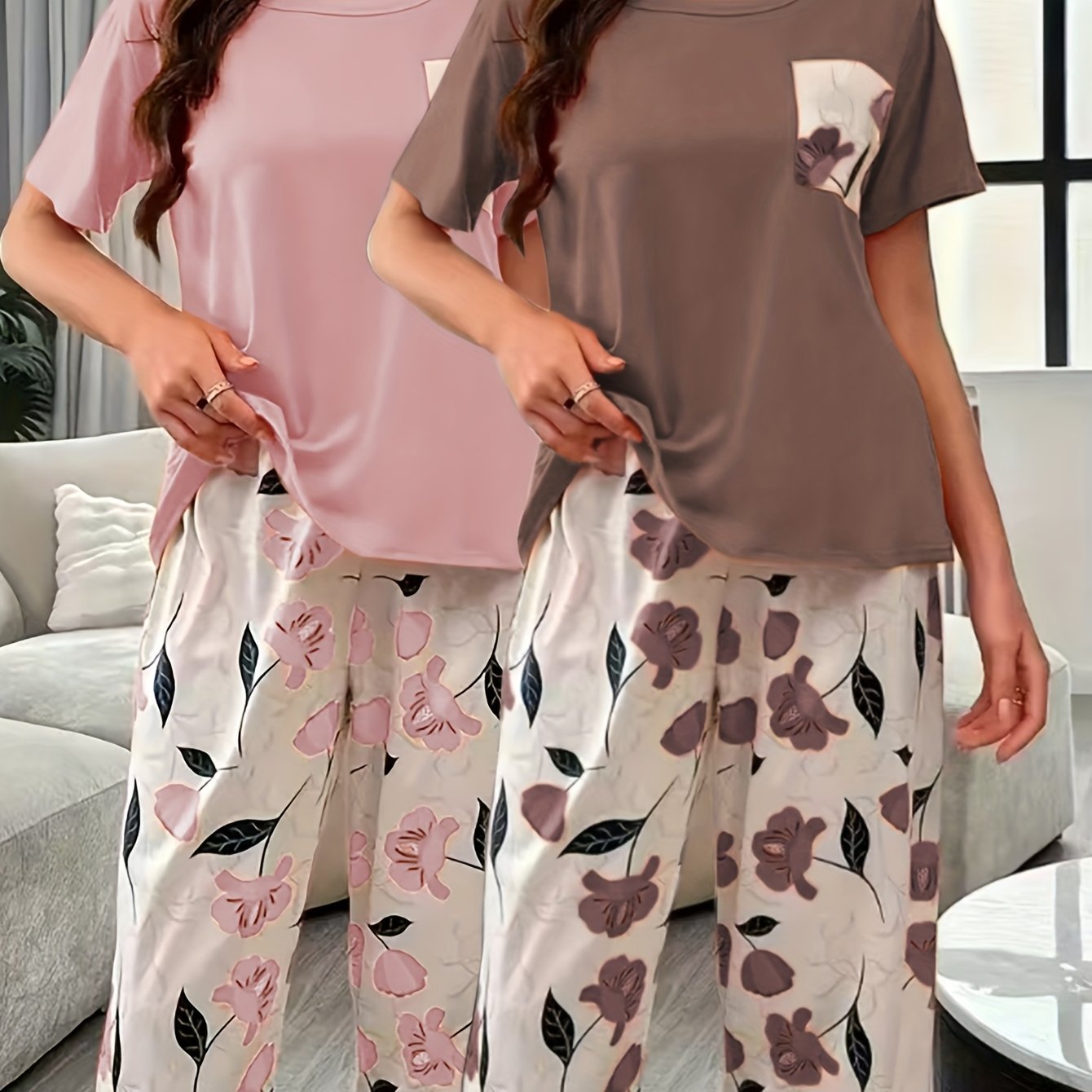 Women's Pajama Set Short Sleeve Floral Print Cozy Polyester Blend