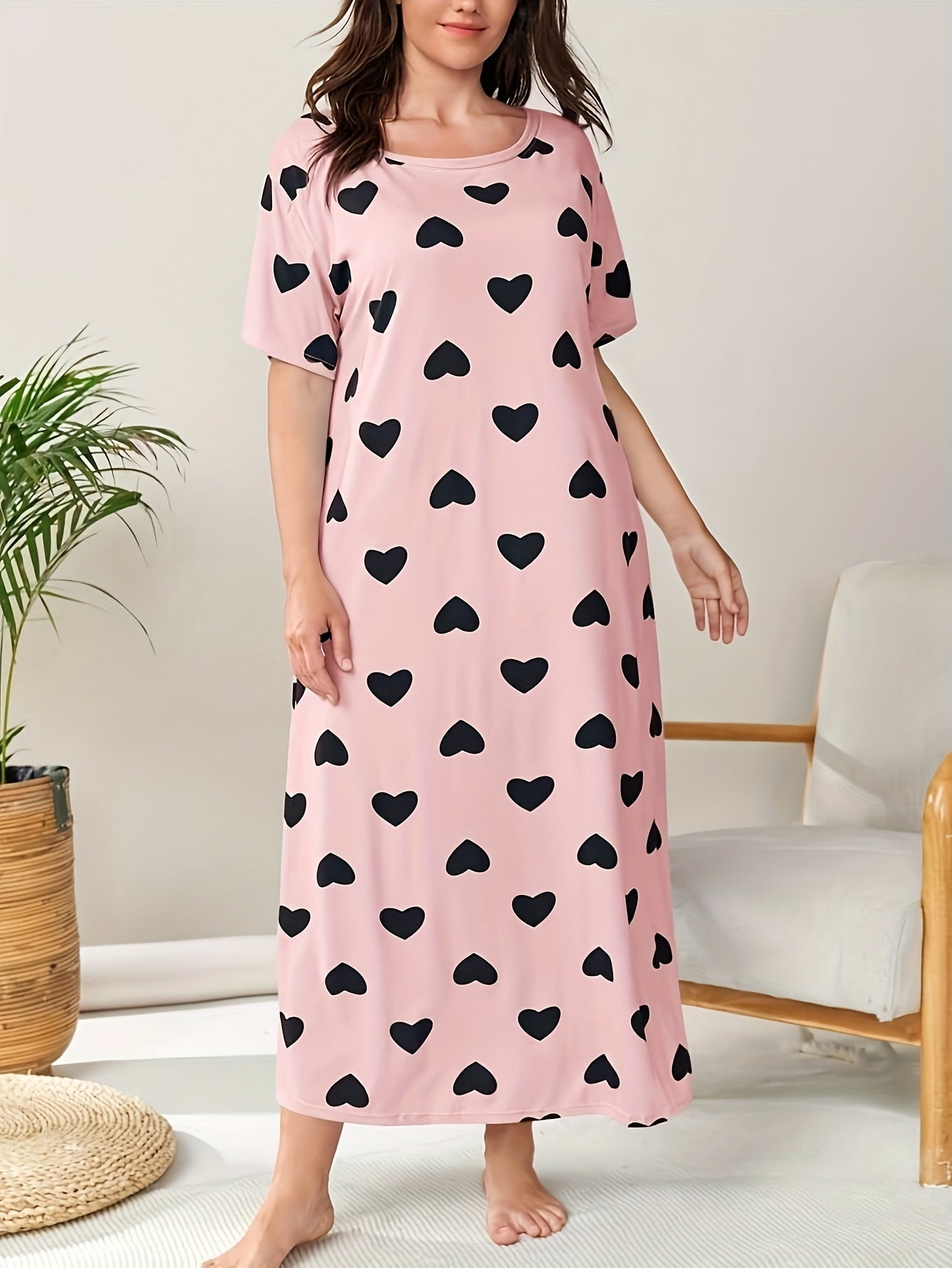 Women's Plus Size Heart Print Short Sleeve Sleep Dress
