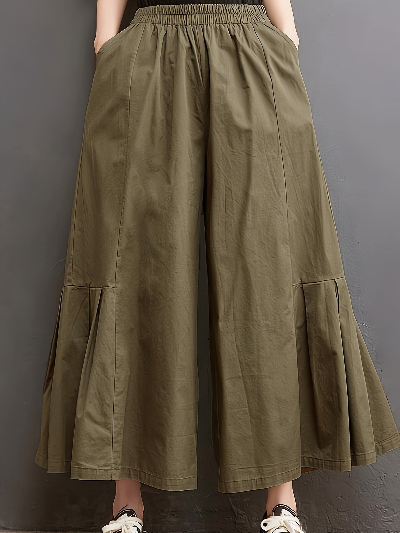 Women's Wide-Leg Polyester Pants with Elastic Waist Solid Color All Seasons