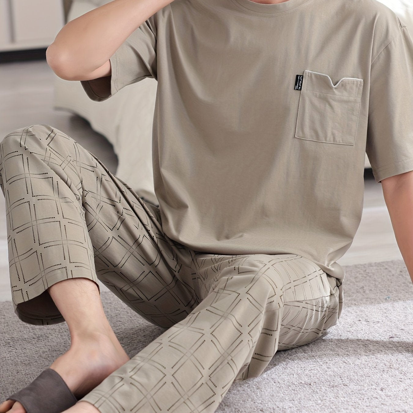 Conjunto de pijama de algodón de talla grande para hombre, manga corta, estampado geométrico, ropa de descanso