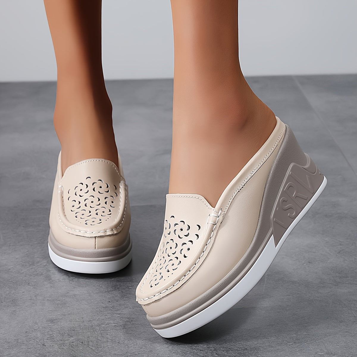 Women's Faux Leather Platform Sandals Slip-On Mules Hollow Out Casual Shoes