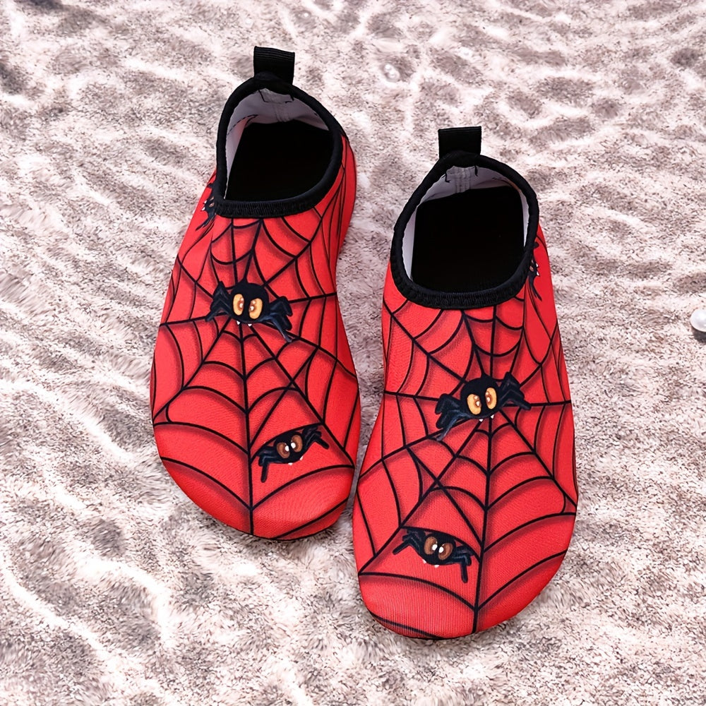Kids Boys Girls Red Lightweight Beach Shoes with Cartoon Spider Web Design for Water Activities
