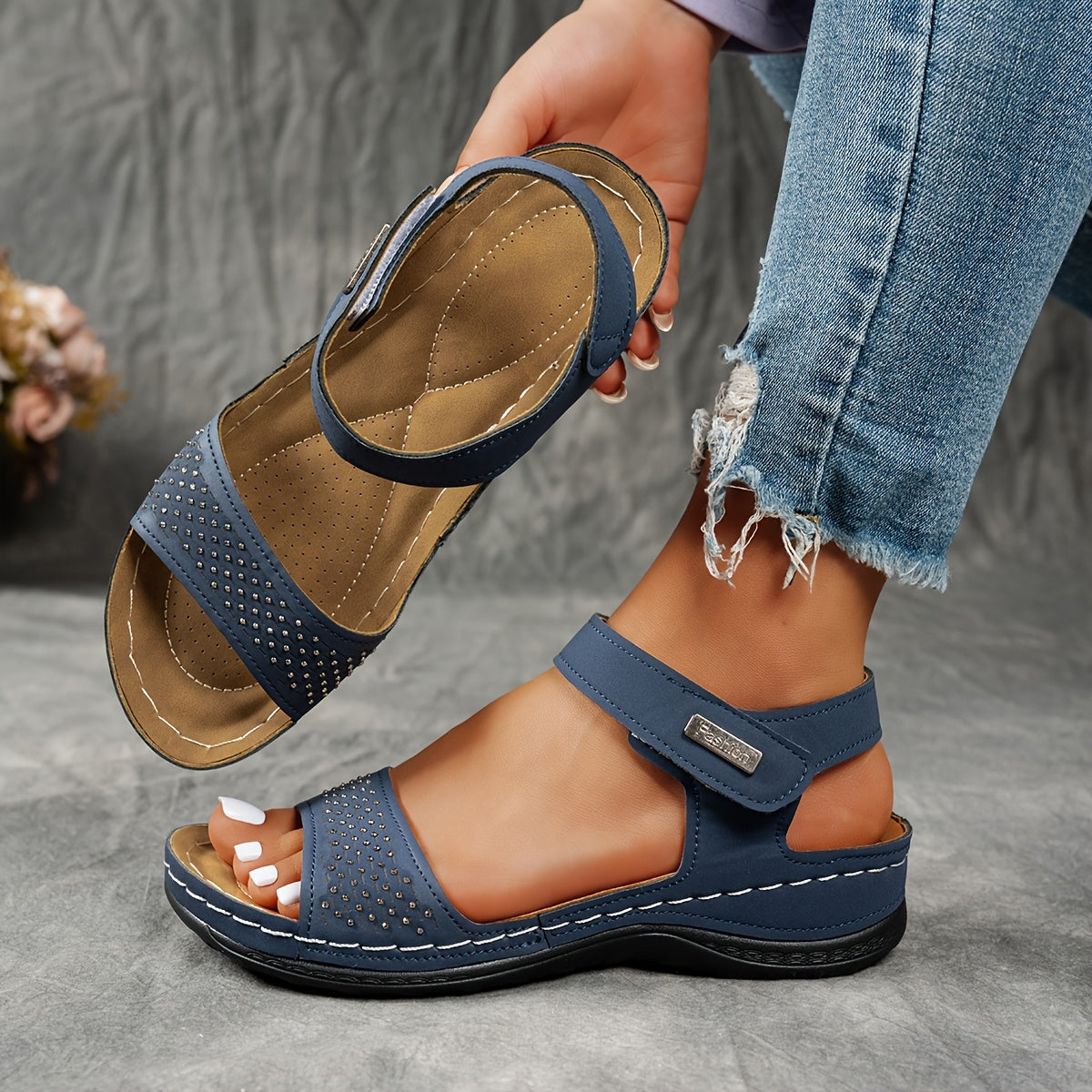 Women's Rhinestone Sandals Open-Toe Chunky Heel Summer Beach Casual