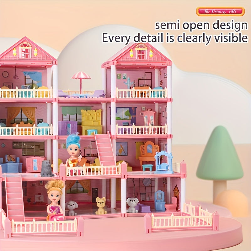 4-Story Princess Castle Dollhouse Playset for Girls with 2 Dolls Furniture Accessories