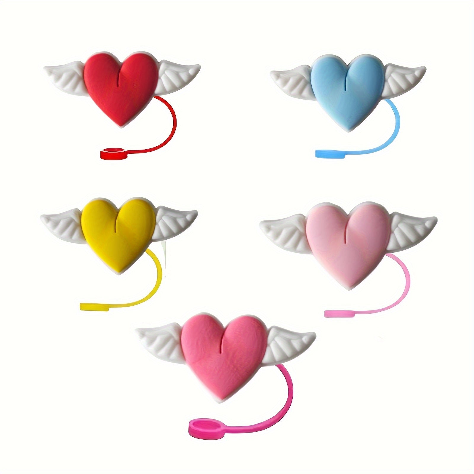 Set of 5 Silicone Straw Covers with Cartoon Love Wings, Reusable Dustproof Fits 7-8mm Straws