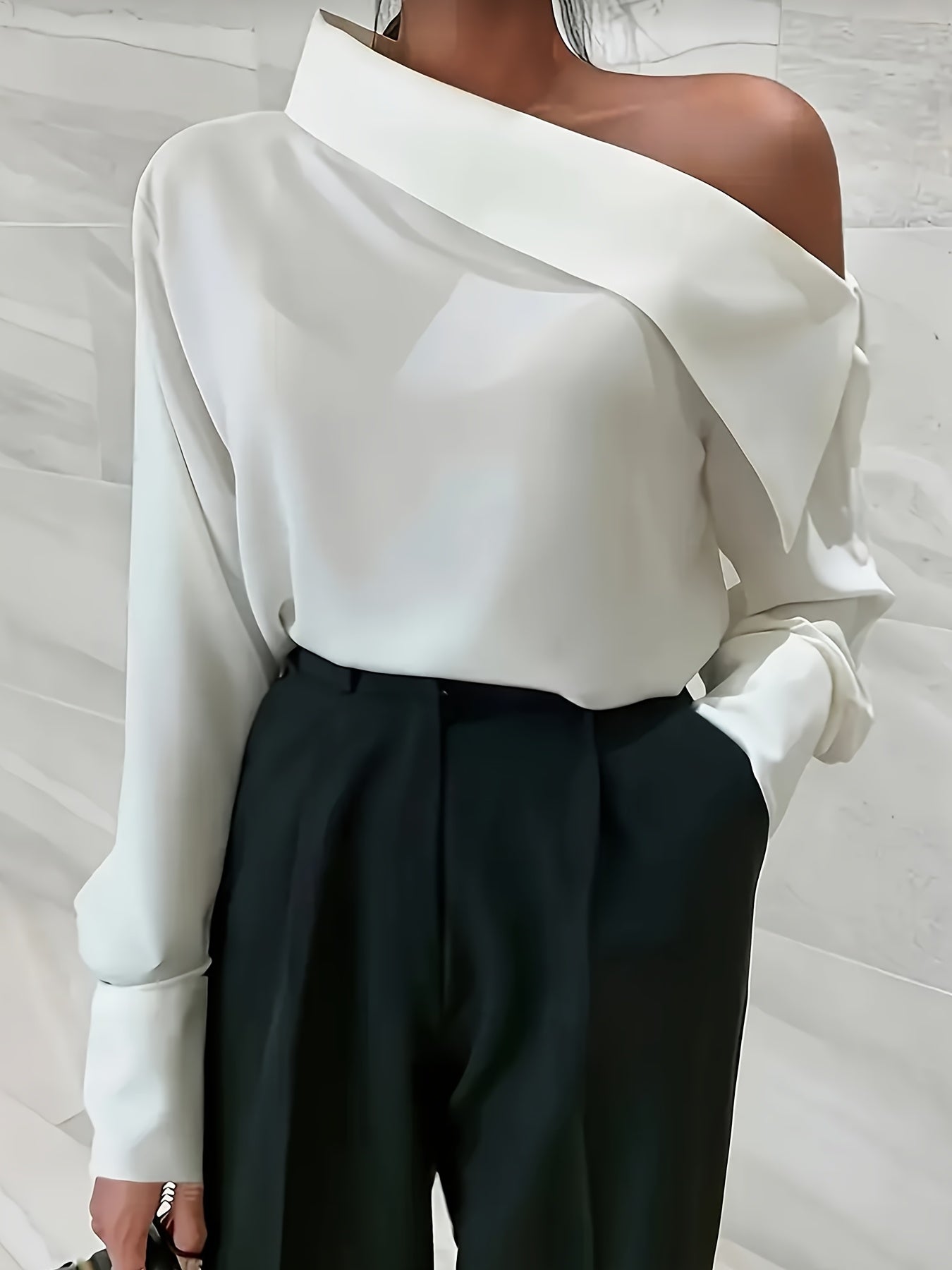 Plus-Size Women's Blouse Polyester One-Shoulder Long Sleeve Solid Color