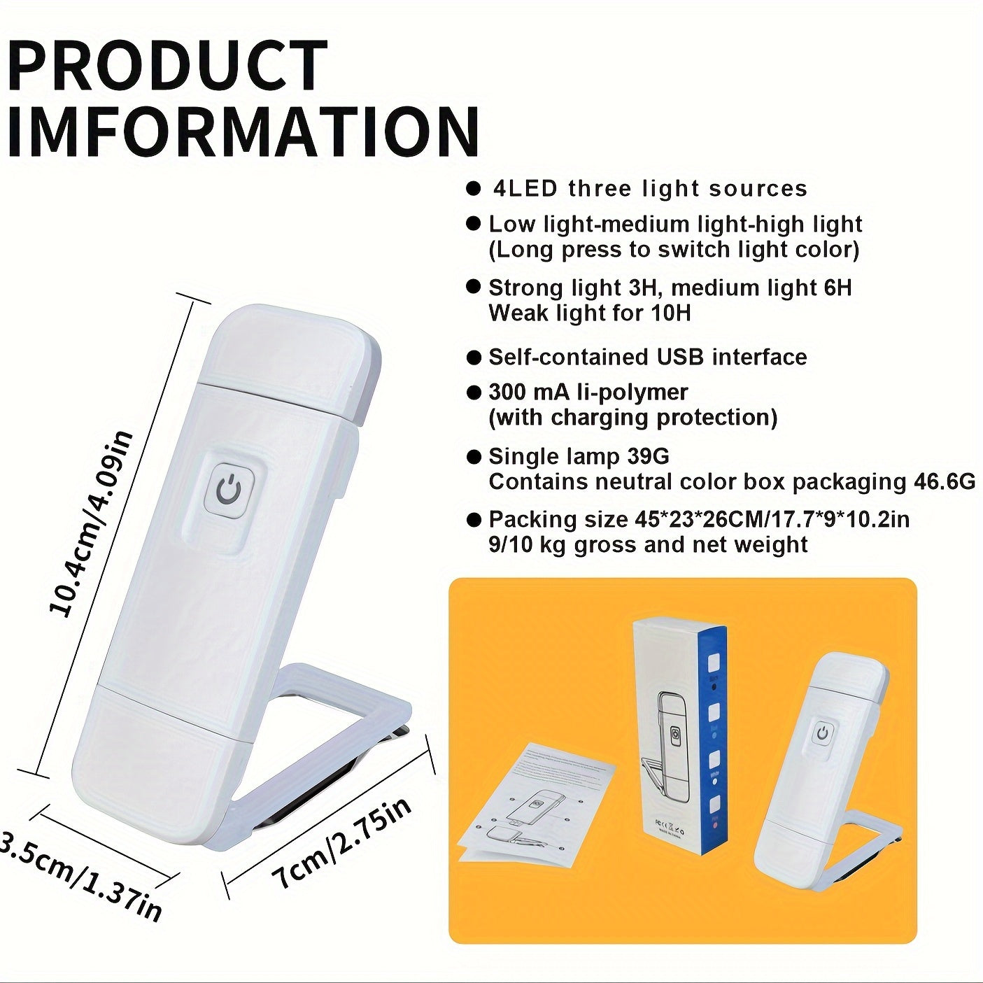 Rechargeable Book Light with Clip-On Design Eye-Care Downlight Wall Mountable Lithium Battery