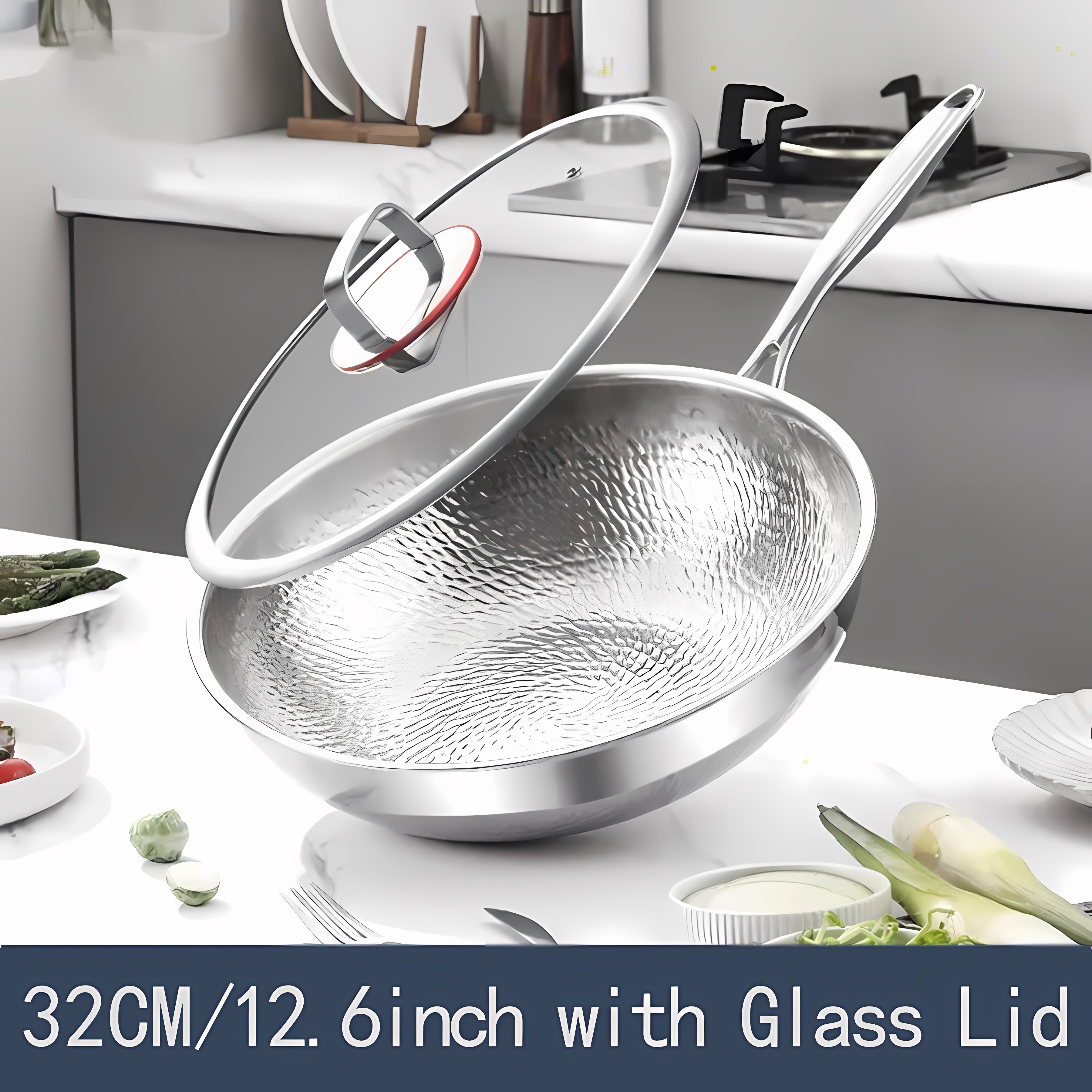 Titanium-Coated Wok with Lid 33cm Hammered Tri-Ply Stainless Steel Dishwasher Safe