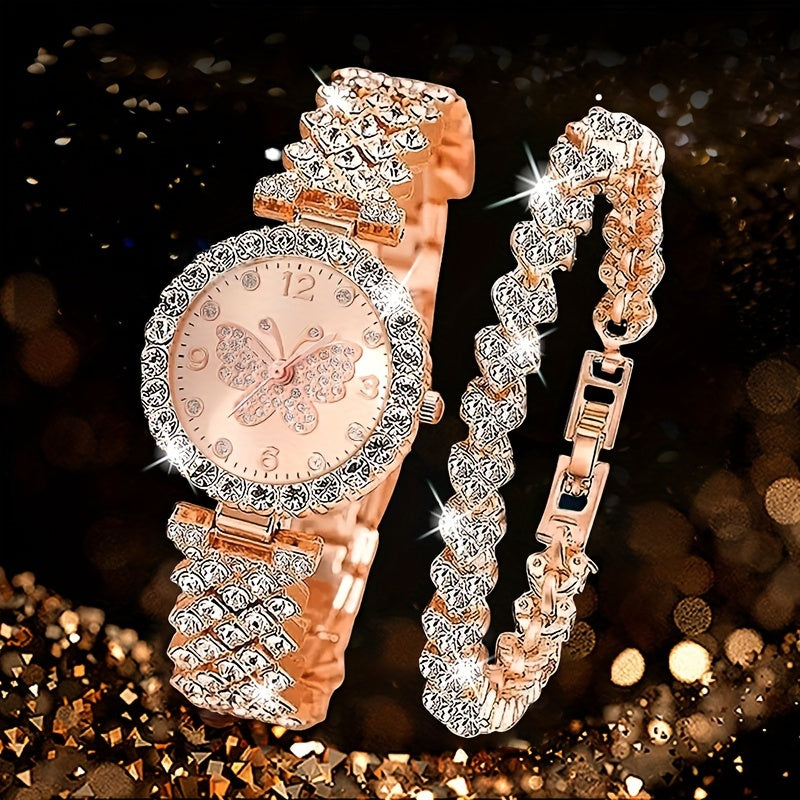 Women's Quartz Watch and Casual Bracelet Set with Round Alloy Case and Band