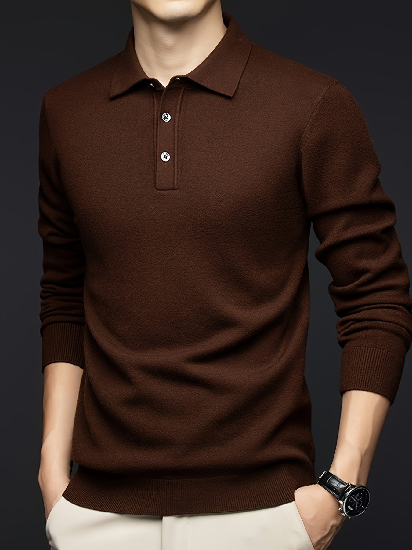 Suéter para hombre de mezcla de lana negra con detalle de botones para otoño e invierno, casual, golf