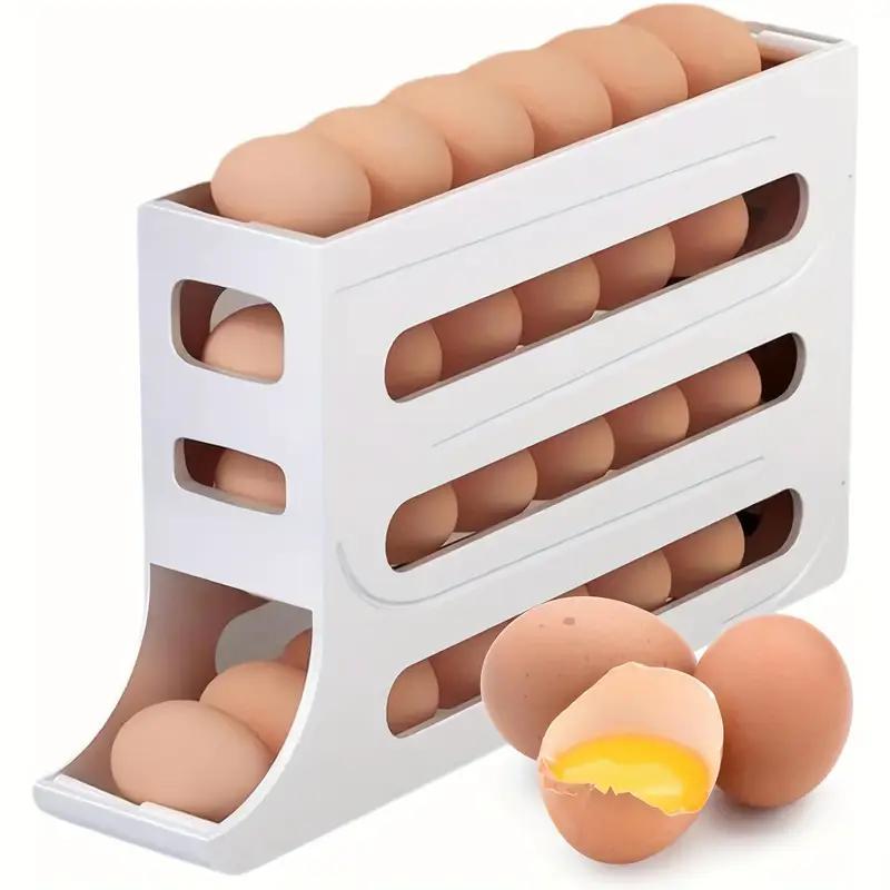 Organizador de huevos para nevera, auto-rodante, de alta capacidad, gris blanco crema
