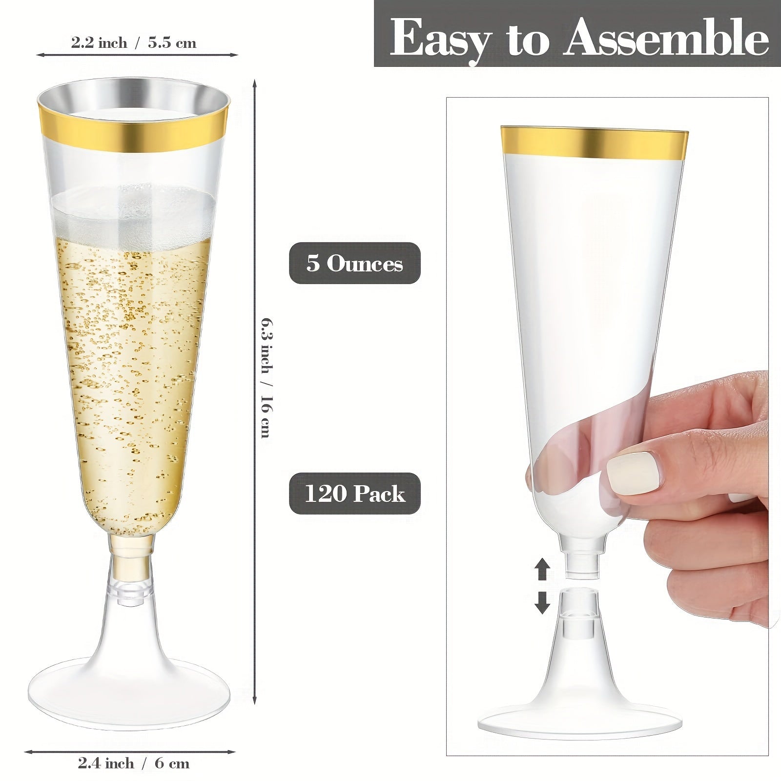 25 Pack Gold Plastic Champagne Flutes 5 Ounce Disposable Party Glasses