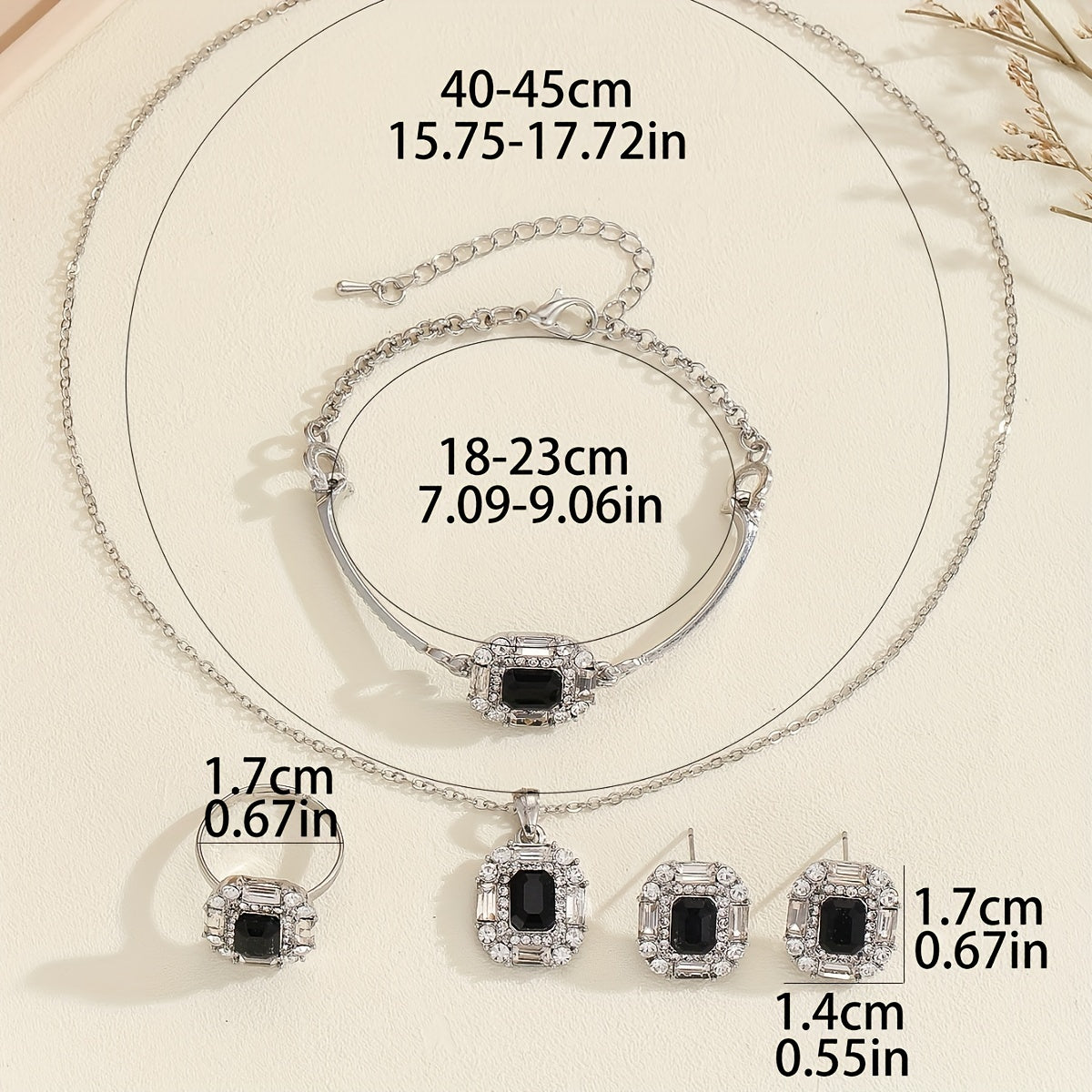 Black Geometric Square Women's Jewelry Set Necklace Earrings Bracelet Ring 5 Pieces