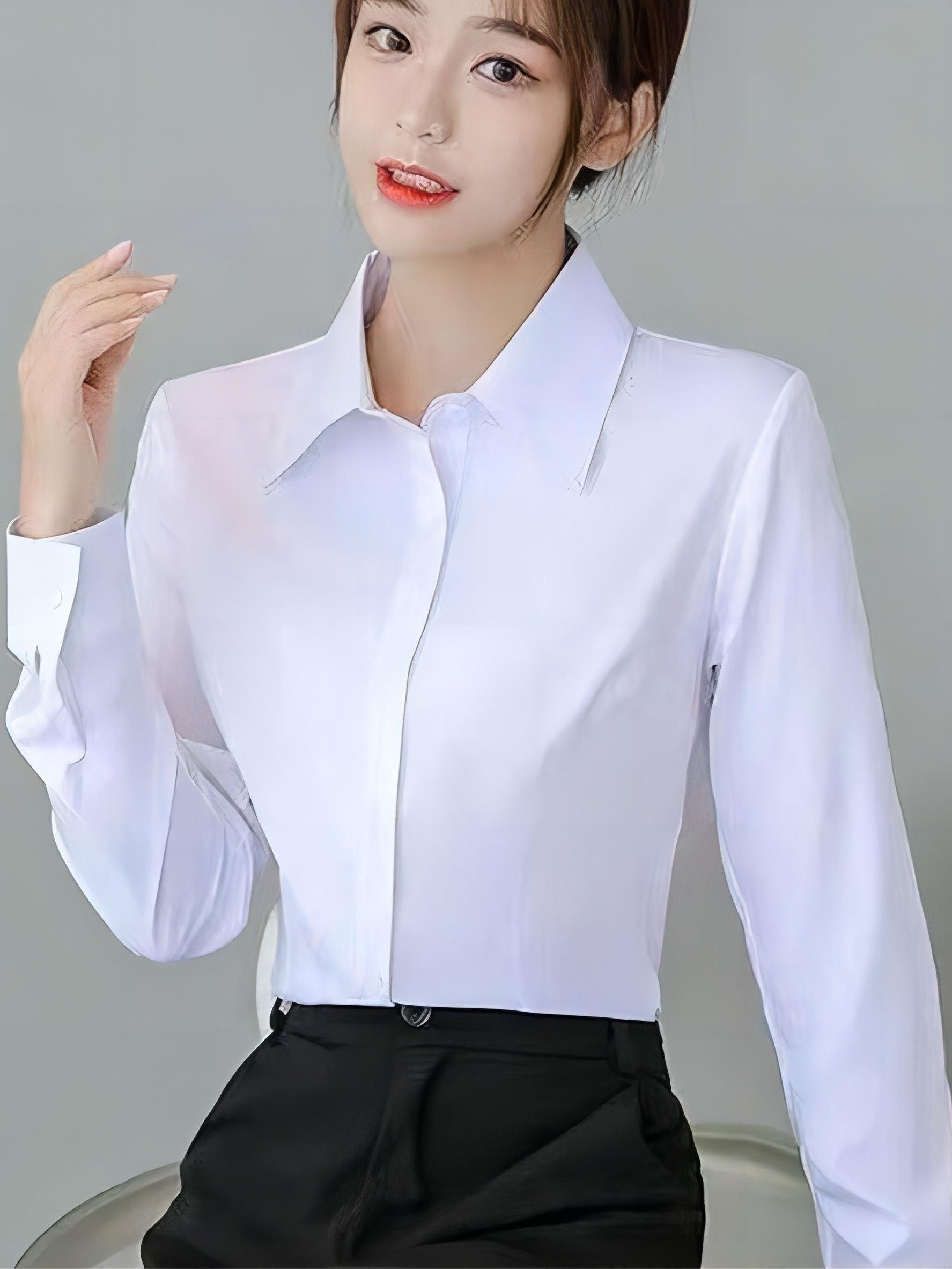 Solid Color Button Front Shirt for Women Business Formal Office Wear