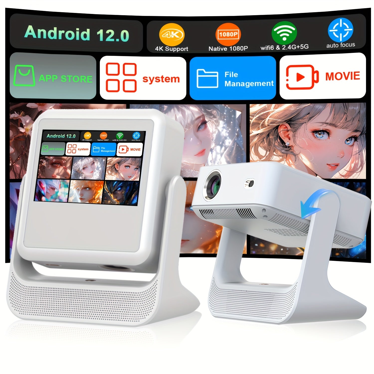 Home Theater Projector 4K Touchscreen Android 12 Portable HD 400 ANSI Brightness