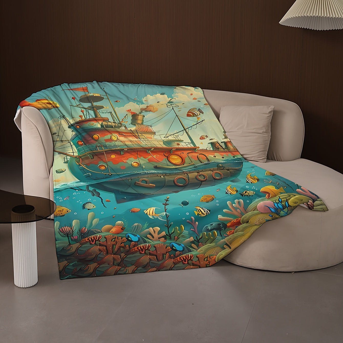 Coral Fleece Blanket with Ship Pattern Soft Warm All-Season Throw for Sofa Bed Camping